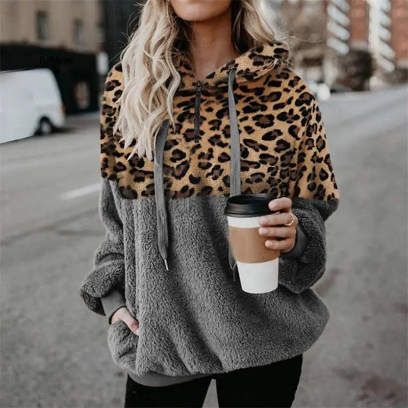 Fall Hoodies Women Leopard Print Zipper Pocket Blouse Stitching Sleeve Plush Sweater Fashion Ladies Hoodie Woman Clothing