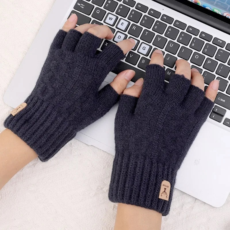 Winter Half Finger Gloves for Women Men Thicken Elastic Knitted Cashmere Warm Fingerless Gloves Outdoor Driving Mittens Unisex