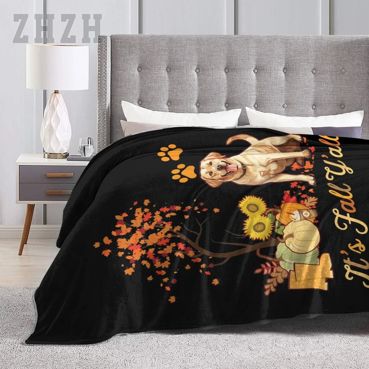 Blanket Labrador Retriever Fall Autumn Leaf Maple Tree Thanksgiving Flannel Multifunction Camping Sofa Cover Keep Warm