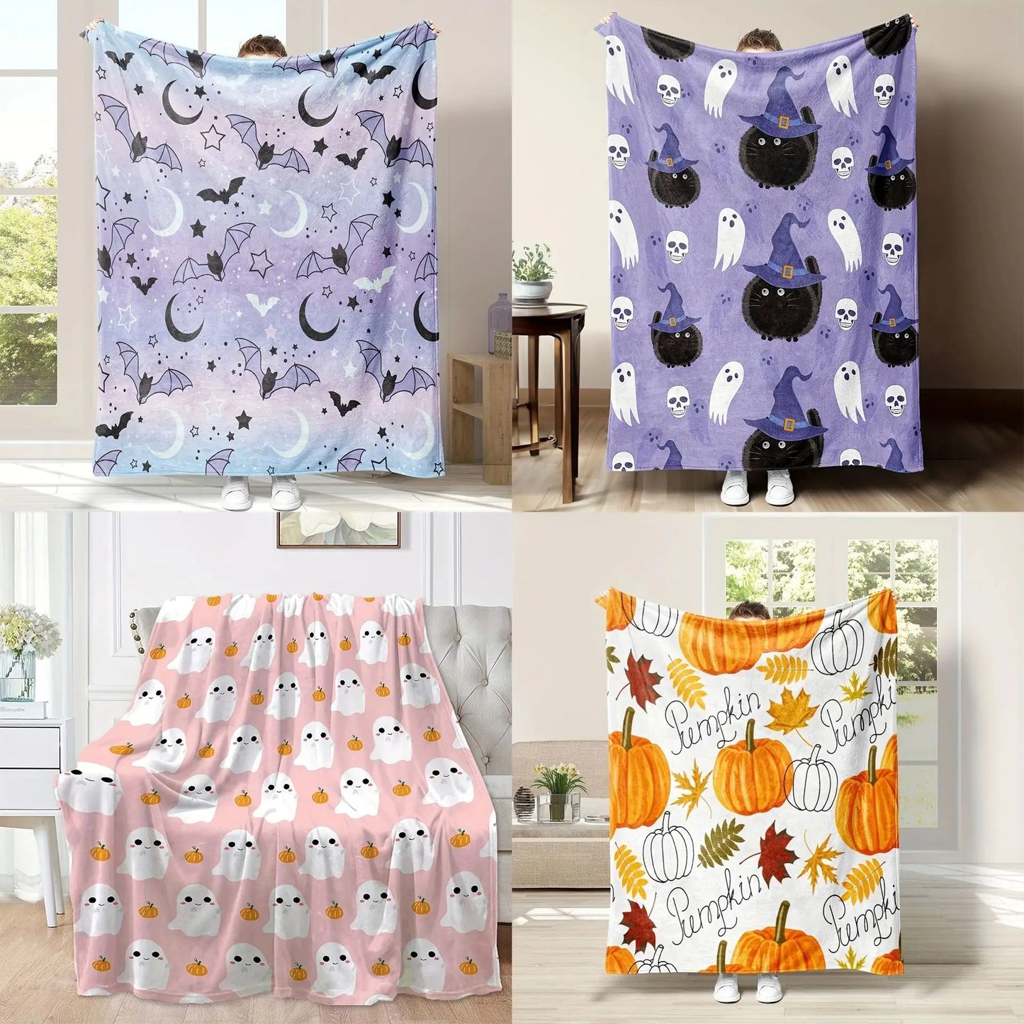 Halloween Blanket Moon Bat Sofa Blanket Ghost Pumpkin Bed Sofa Blanket Picnic Blanket Fall Guys Throw Blanket Thin Spring Summer