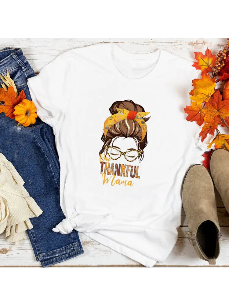 One Thankful Mama ShirtThankful Mama Shirts Messy Bun TShirt Thanksgiving Mom Gift Mom Life T-Shirt Womens Fall Tee Outifts