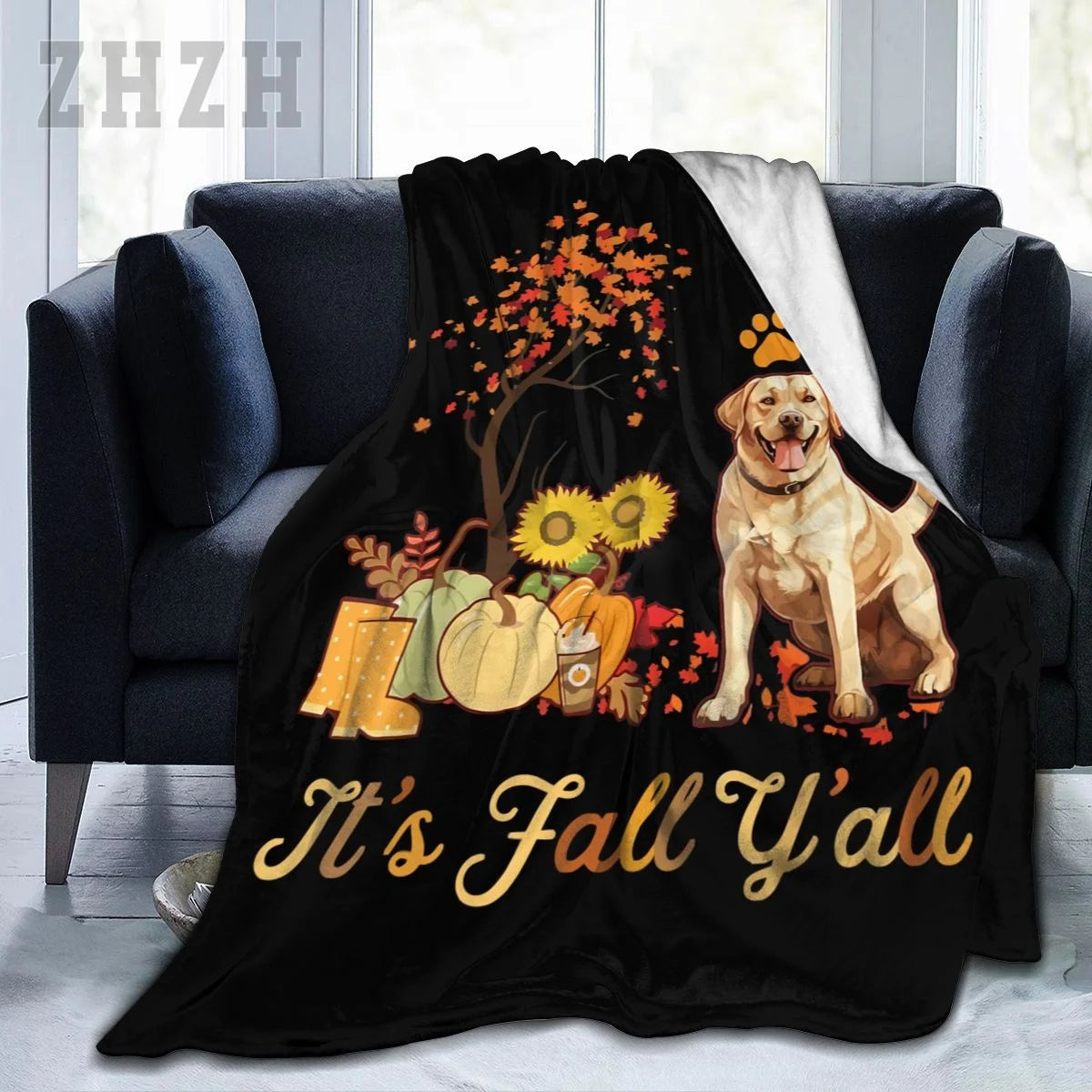 Blanket Labrador Retriever Fall Autumn Leaf Maple Tree Thanksgiving Flannel Multifunction Camping Sofa Cover Keep Warm