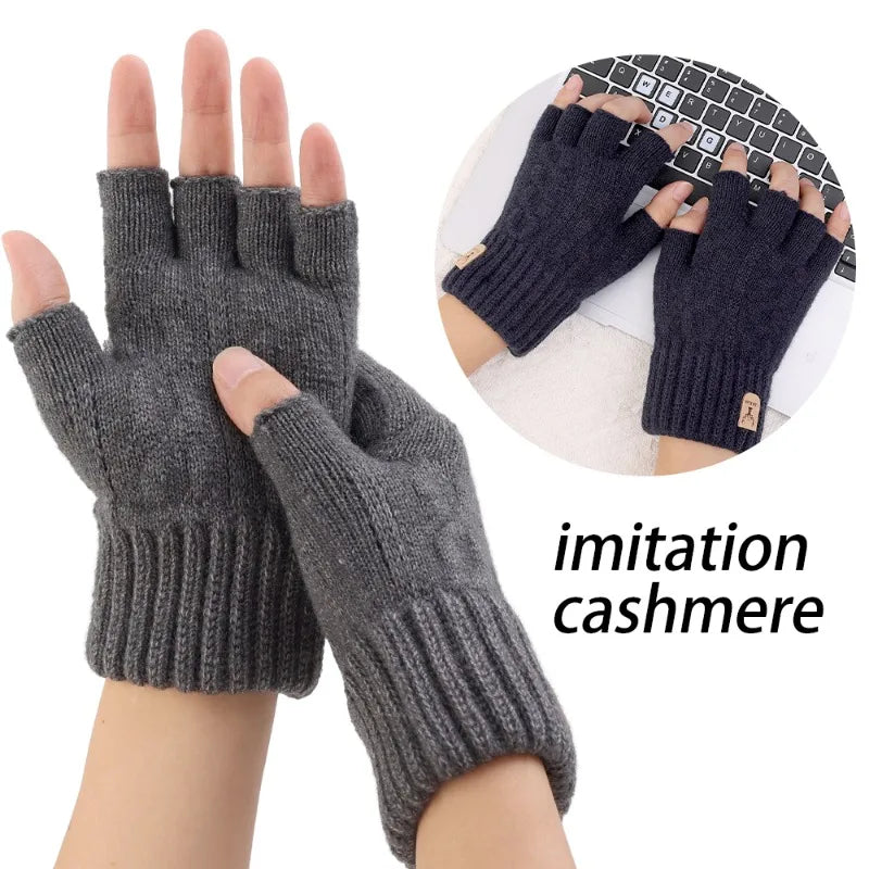 Winter Half Finger Gloves for Women Men Thicken Elastic Knitted Cashmere Warm Fingerless Gloves Outdoor Driving Mittens Unisex