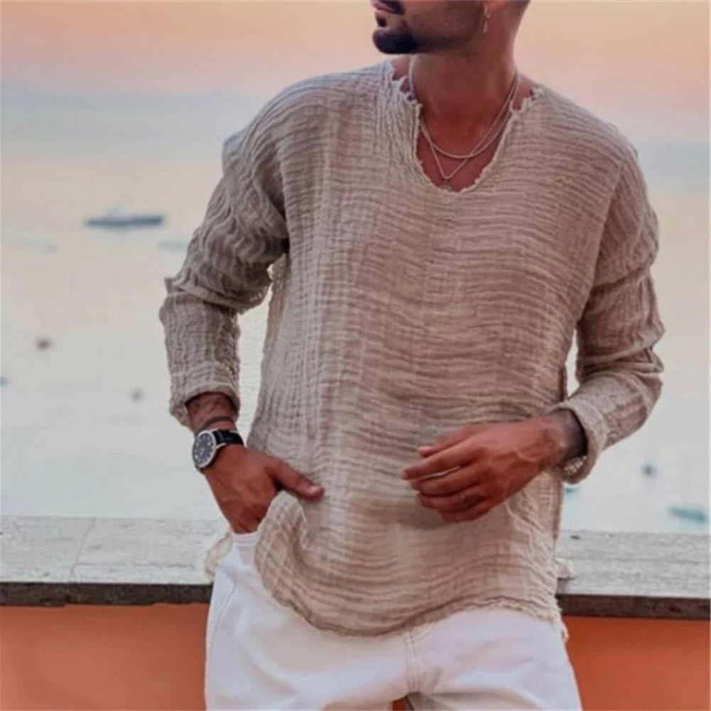 T-Shirt Mens Shirt Blouse Top Classic Daily Linen Blend Long Sleeve Male Muscle   Outdoor Solid Tee V-Neck