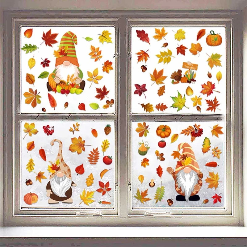 6 Sheets Autumn Thanksgiving Gnomes Window Clings Decal Fall Pumpkin Maple Leaf Electrostatic Stickers Wall Decor