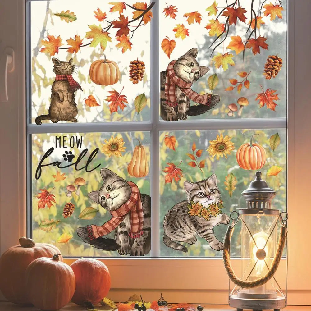 Fall Party Decoration Decal Durable Autumn Decoration Vibrant Autumn Window Stickers Cat Pumpkin Maple Leaves for Thanksgiving