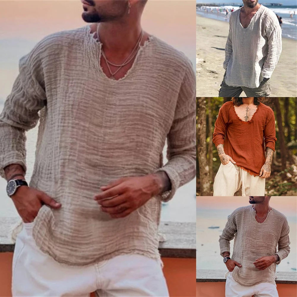 T-Shirt Mens Shirt Blouse Top Classic Daily Linen Blend Long Sleeve Male Muscle   Outdoor Solid Tee V-Neck