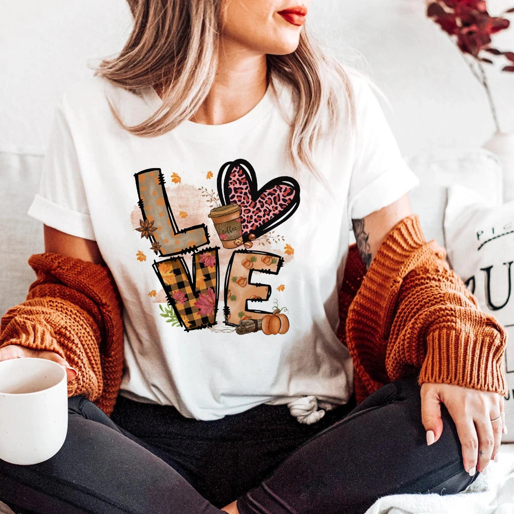 I Love Fall Shirt Female Autumn T-shirt Pumpkin Print Thanksgiving Tee Party Gnomes T Shirt Women Halloween Holiday Clothes Tops