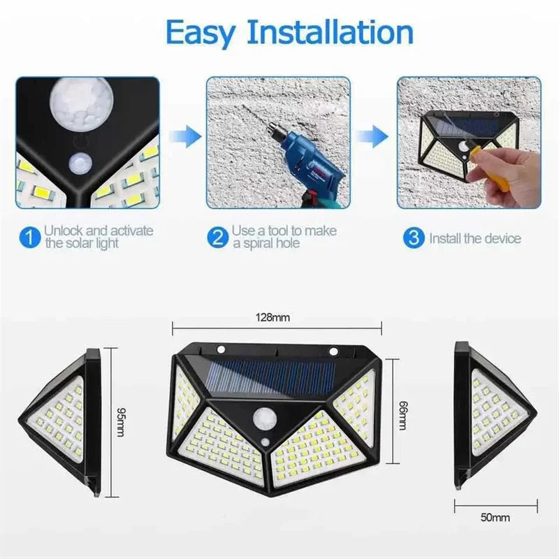 100 LED Solar Wall Lights Outdoor PIR Motion Sensor Garden Fence Lights  3 Modes Security Brightness with Wide Angle Wall Light