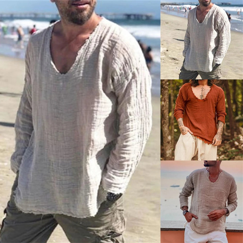 T-Shirt Mens Shirt Blouse Top Classic Daily Linen Blend Long Sleeve Male Muscle   Outdoor Solid Tee V-Neck