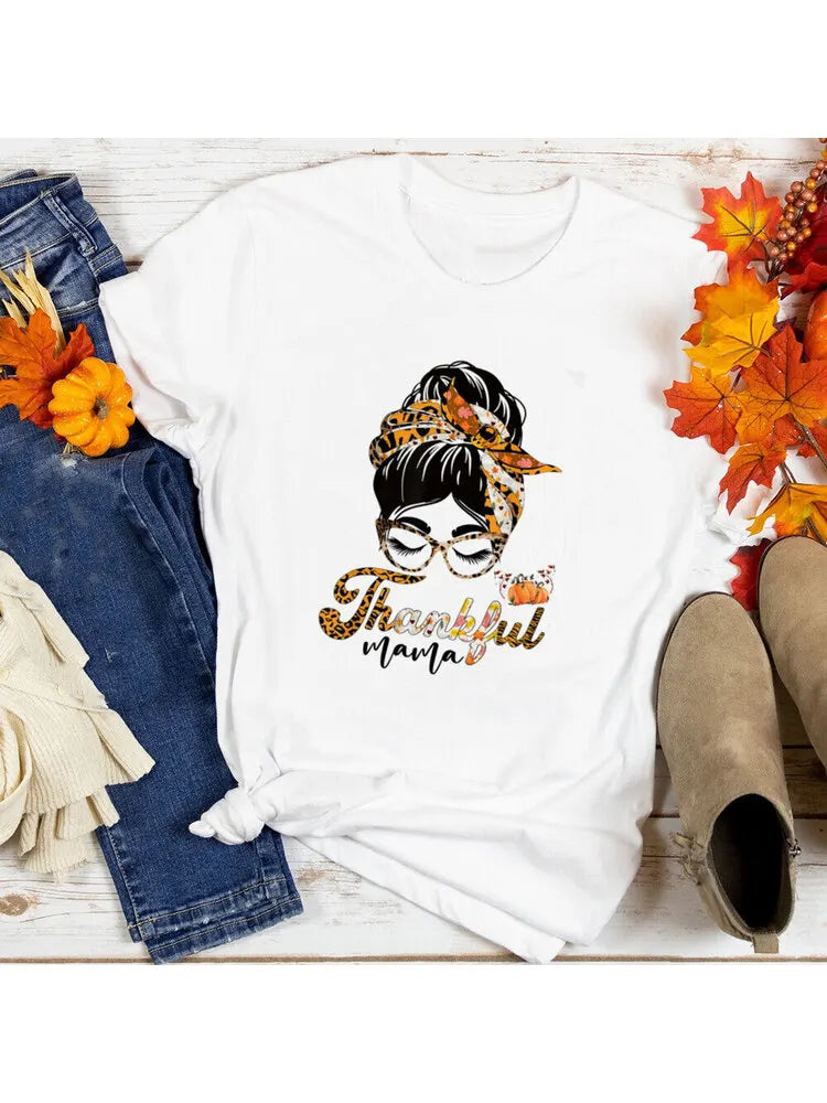 One Thankful Mama ShirtThankful Mama Shirts Messy Bun TShirt Thanksgiving Mom Gift Mom Life T-Shirt Womens Fall Tee Outifts