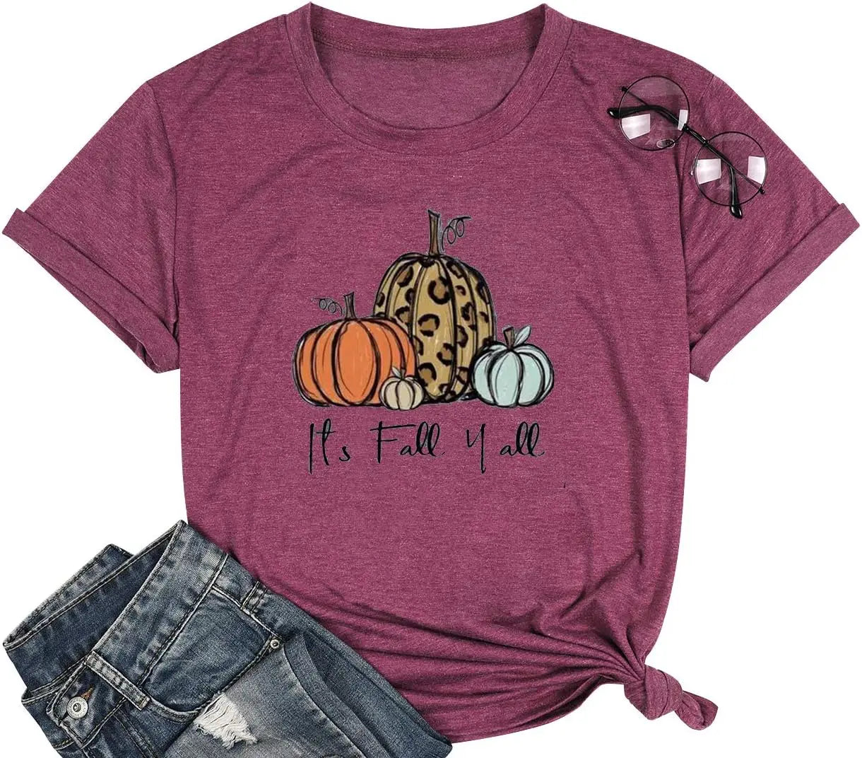 Women's Halloween It's Fall Y'all Letter T Shirt, Cartoon Pumpkin Graphic Spice Tops