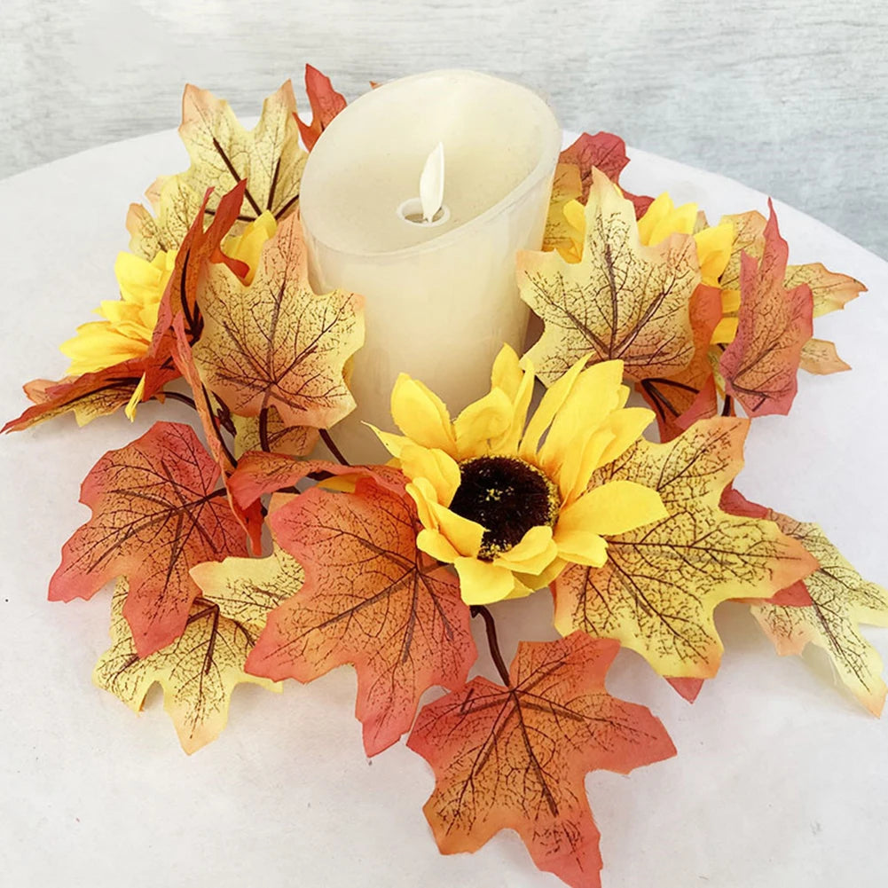 Artificial Maple Leaves Wreath With Berries Sunflowers Candle Rings For Farmhouse Fall Thanksgiving Wedding Table Door Decor