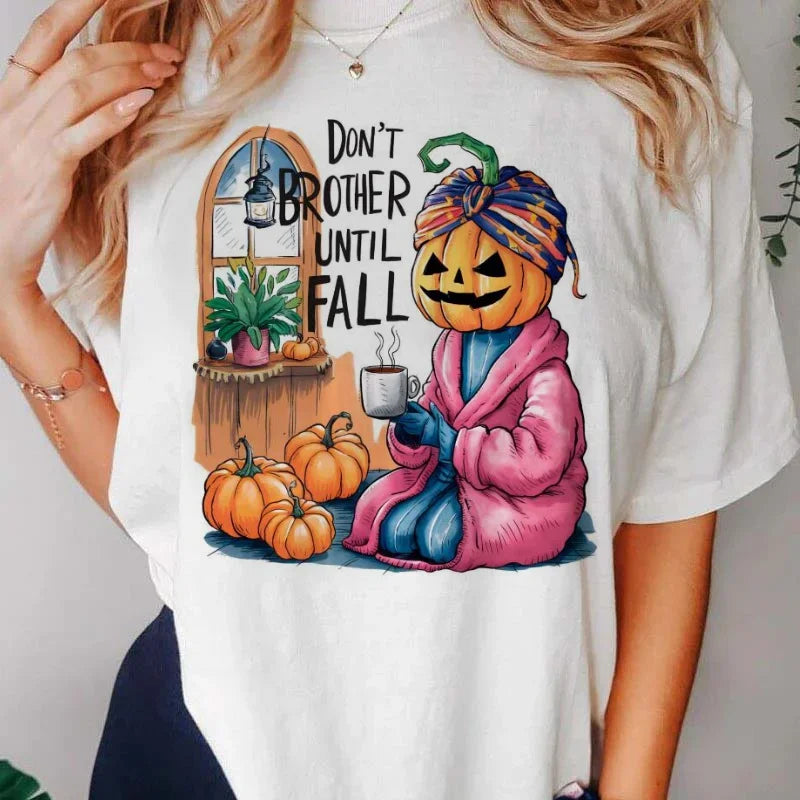 Retro Dont Brother Until Fall Pumpkin Girl Printed Fashion Women's Cartoon O-Neck Short Sleeve Pattern   Casual Style T-