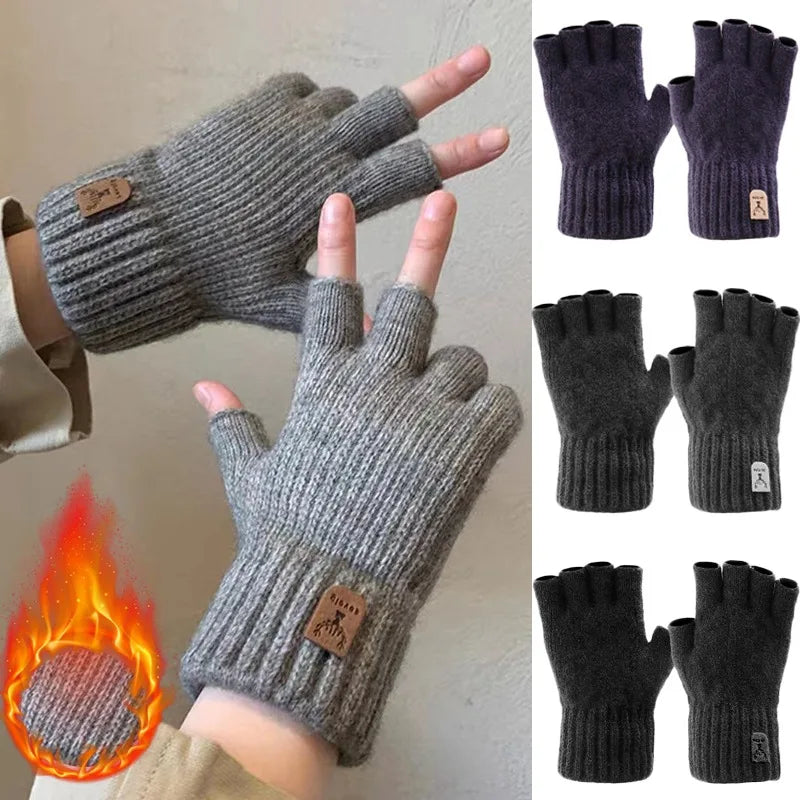 Winter Half Finger Gloves for Women Men Thicken Elastic Knitted Cashmere Warm Fingerless Gloves Outdoor Driving Mittens Unisex