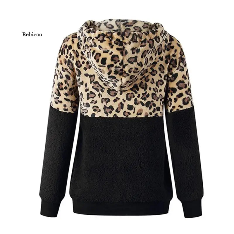 Fall Hoodies Women Leopard Print Zipper Pocket Blouse Stitching Sleeve Plush Sweater Fashion Ladies Hoodie Woman Clothing