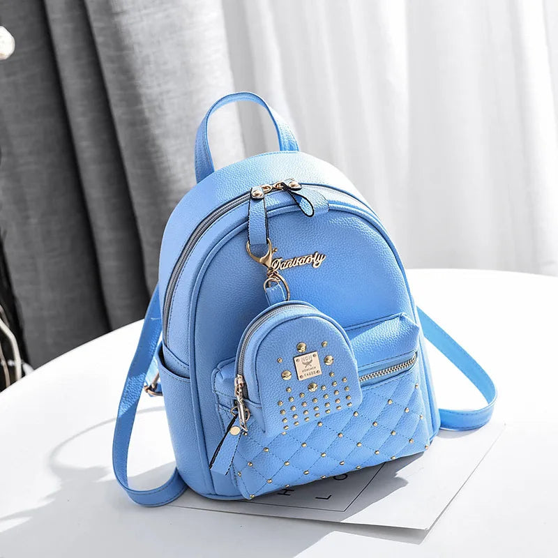 TRAVEASY Fashion Rivet Mini Backpack Summer Girls School Backpack Korean PU Leather Solid Color Ladies Party Shopping Bags