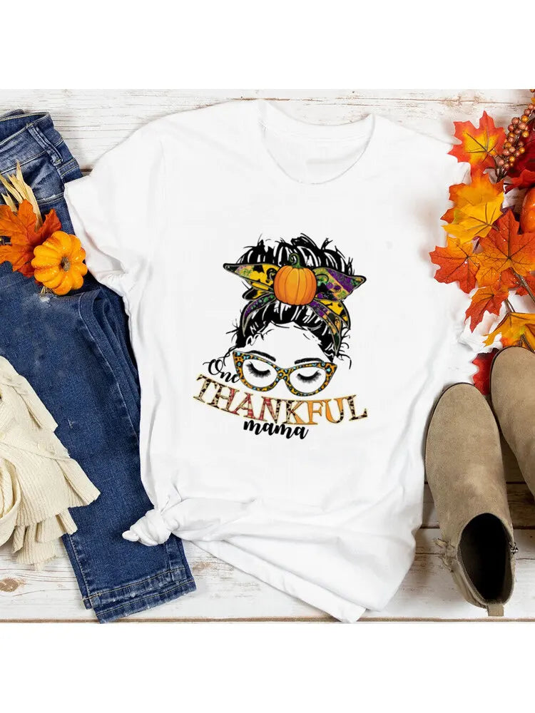 One Thankful Mama ShirtThankful Mama Shirts Messy Bun TShirt Thanksgiving Mom Gift Mom Life T-Shirt Womens Fall Tee Outifts