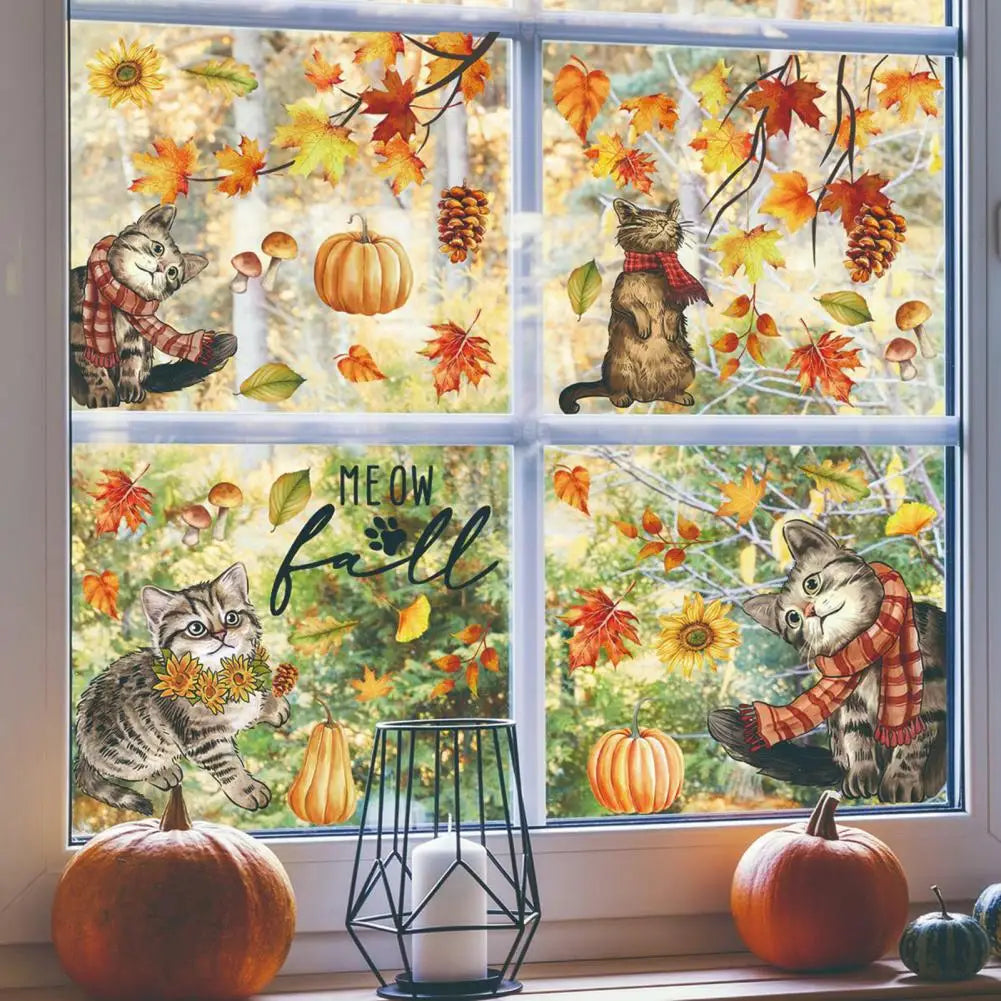 Fall Party Decoration Decal Durable Autumn Decoration Vibrant Autumn Window Stickers Cat Pumpkin Maple Leaves for Thanksgiving