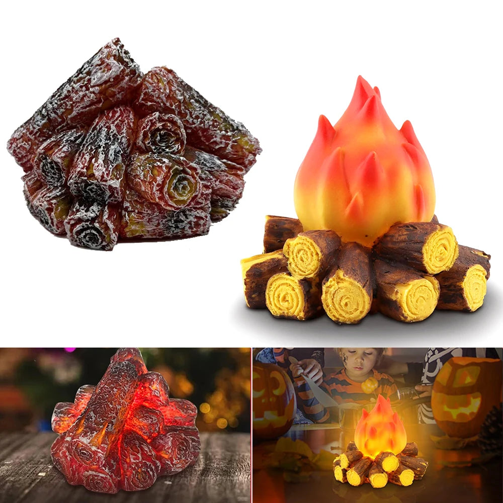 LED Simulation Charcoal Flame Lamp 3D Resin Simulated Fireplace Night Light Flameless Firewood Lantern for Home Courtyard Decors