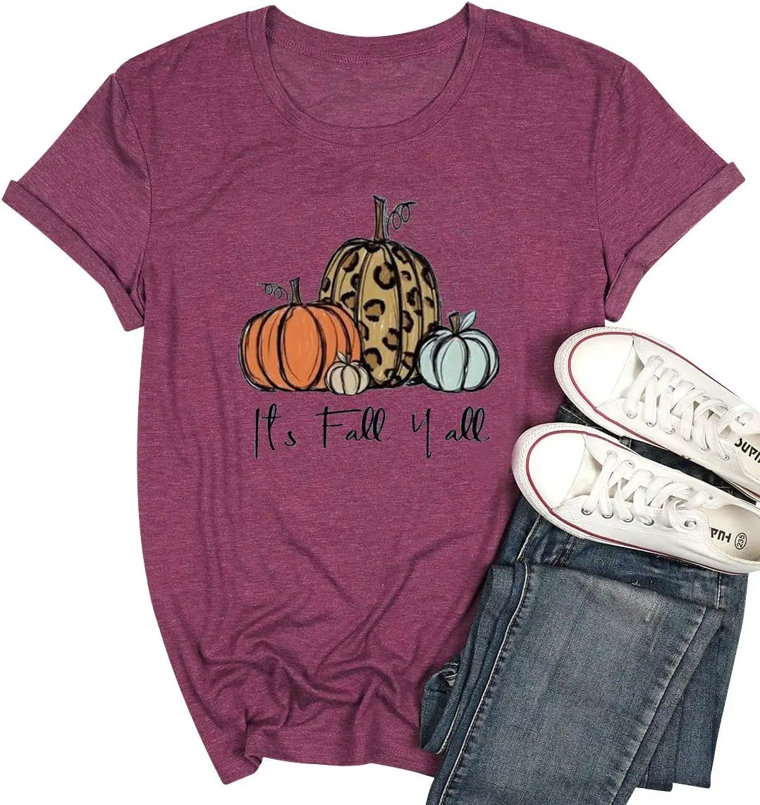 Women's Halloween It's Fall Y'all Letter T Shirt, Cartoon Pumpkin Graphic Spice Tops