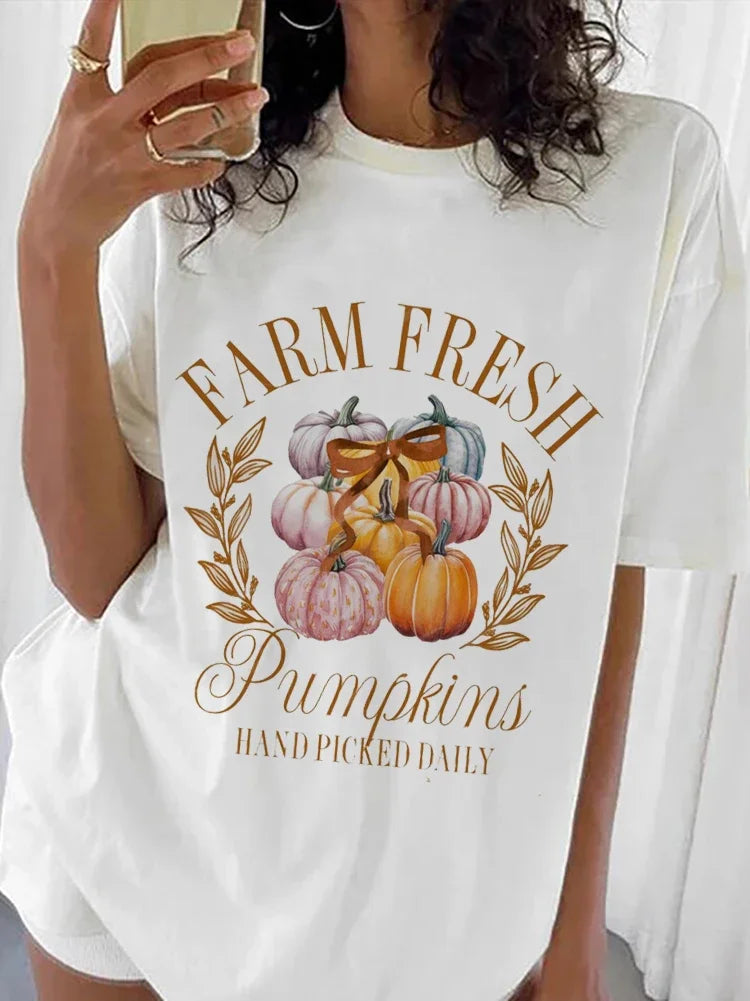 Trendy Fall Design Trend Style T-Shirt New Cute Pumpkin Pattern Basic T-Shirt Women's Aesthetic Clothing O-Neck Halloween T-Shir