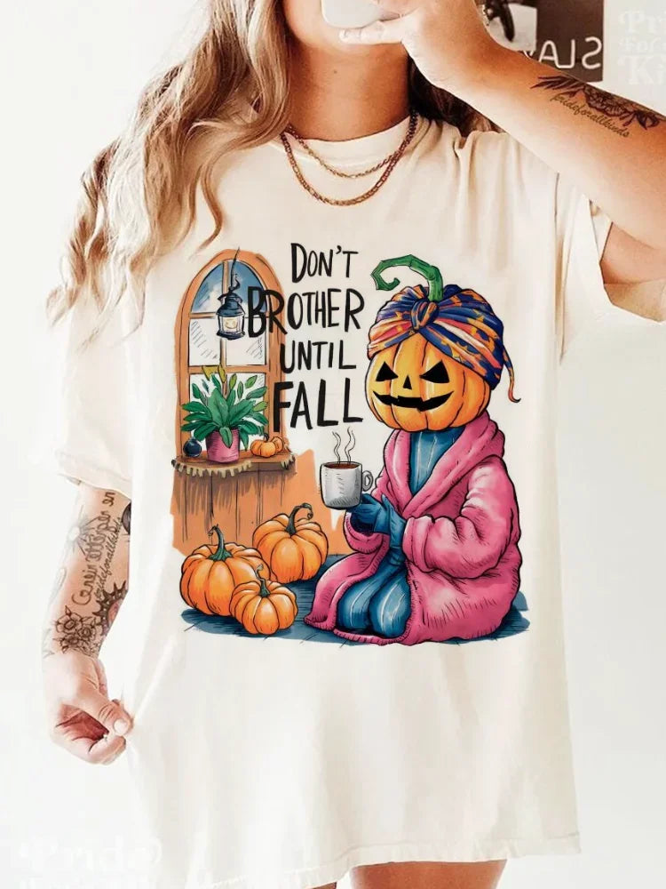 Retro Dont Brother Until Fall Pumpkin Girl Printed Fashion Women's Cartoon O-Neck Short Sleeve Pattern   Casual Style T-