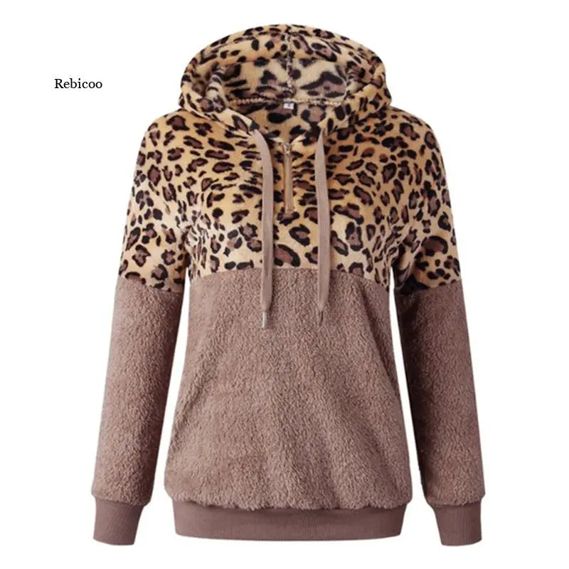 Fall Hoodies Women Leopard Print Zipper Pocket Blouse Stitching Sleeve Plush Sweater Fashion Ladies Hoodie Woman Clothing