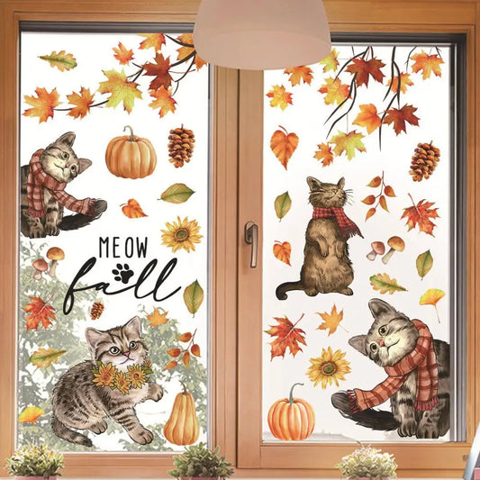 Fall Party Decoration Decal Durable Autumn Decoration Vibrant Autumn Window Stickers Cat Pumpkin Maple Leaves for Thanksgiving