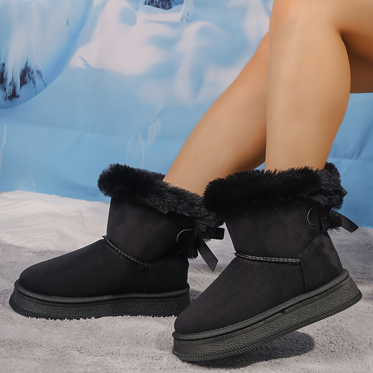 Women's Fluffy Bowknot Over-the-Knee Warm Winter Boots With Thick Heels