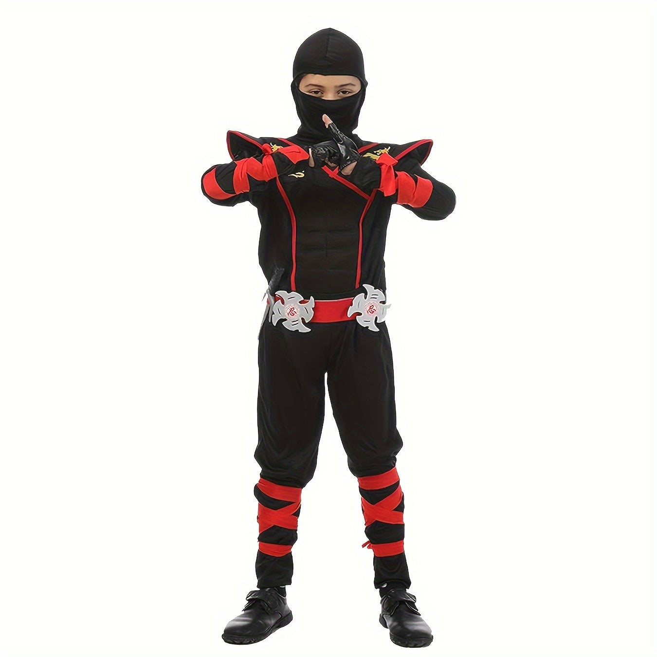 Deluxe Children's Ninja Outfit Set, Muscle Ninja Apparel for Halloween Boys Role-play, Polyester Spandex Blend, Crew Neck, Zippered, Suitable for Over 3 Years Old