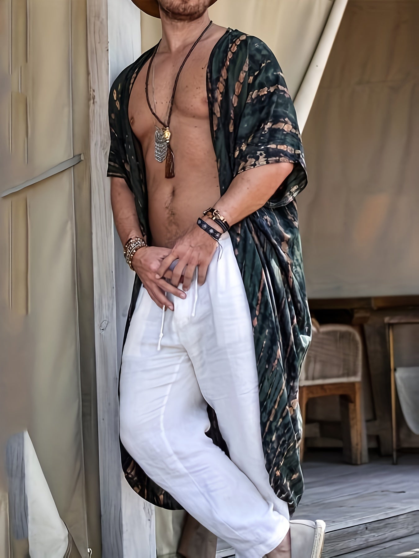 Men's Plus Size Fashion Kimono Cardigan, Bohemian Ethnic Print, Lightweight Beach Sun Protection Cover-Up, Casual Hand Shaped Pattern Print Shirt For Spring Summer Fall