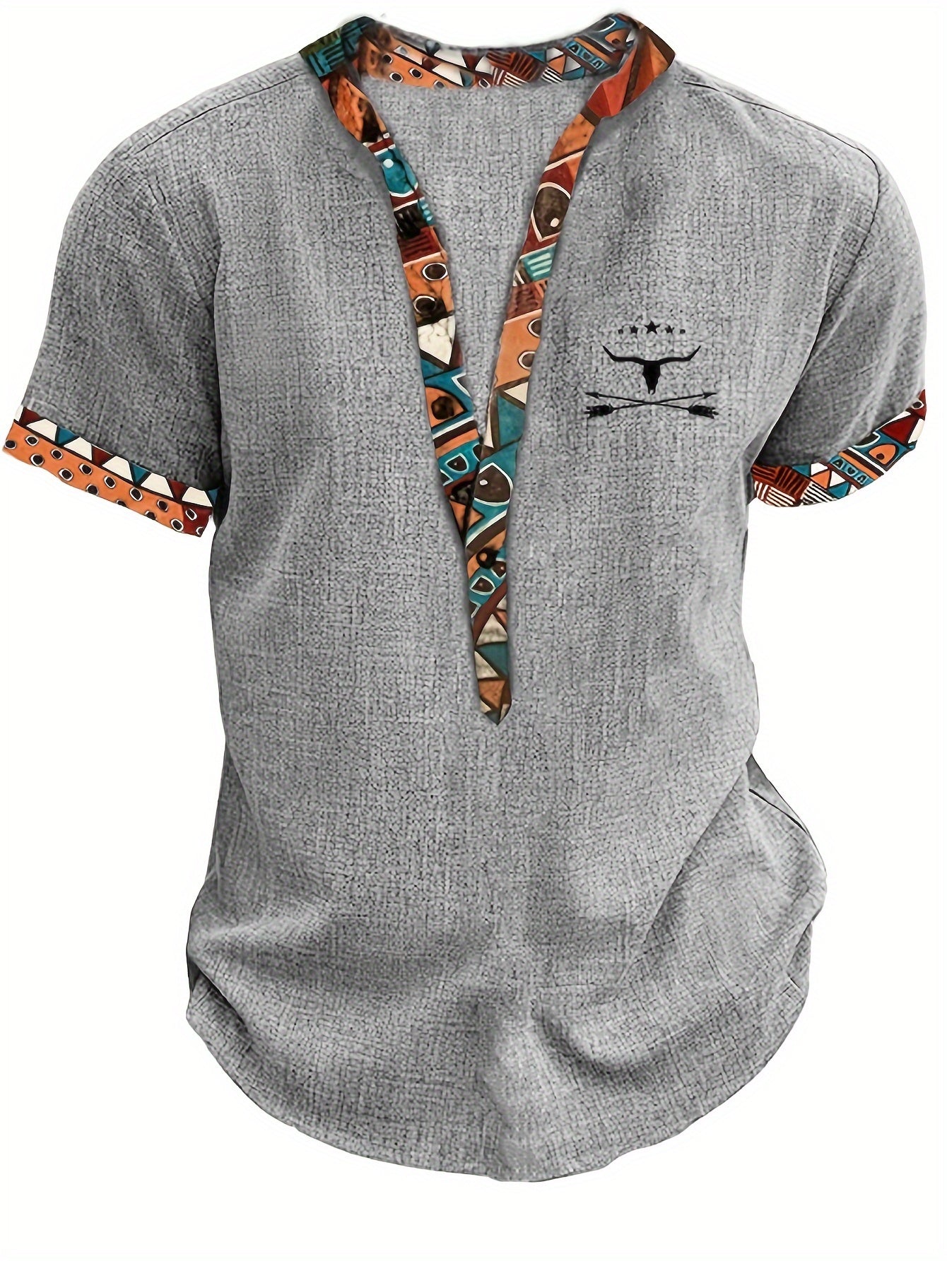 Ethnic Style Animal Skull And Geometric Pattern Men's Summer Fashion Short Sleeve Deep V-neck Henley Shirt, Pure Cotton Tops For Summer Outdoors Leisurewear