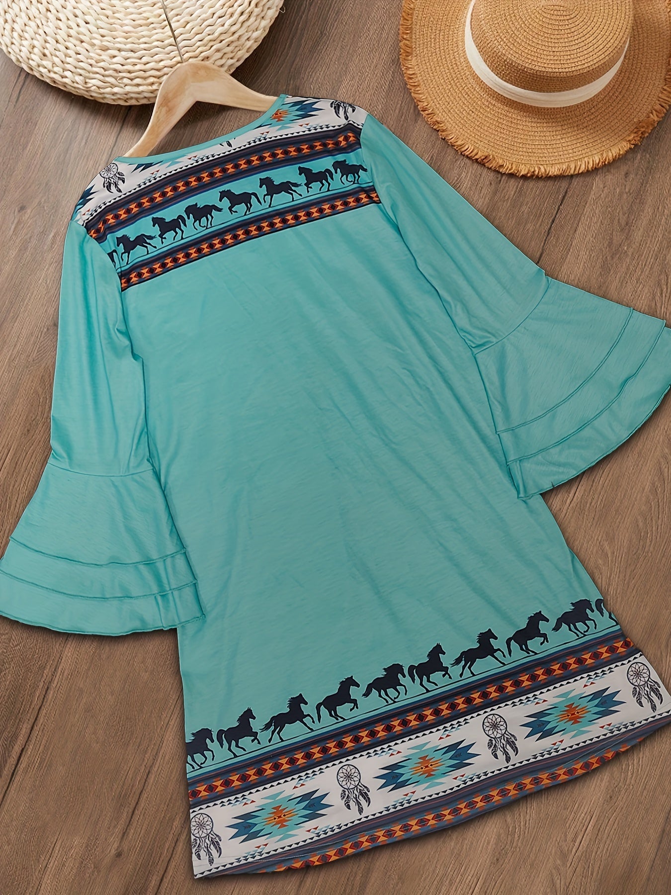 Boho Aztec Print Dress, Ethnic Layered Flared Sleeve V Neck Dress,