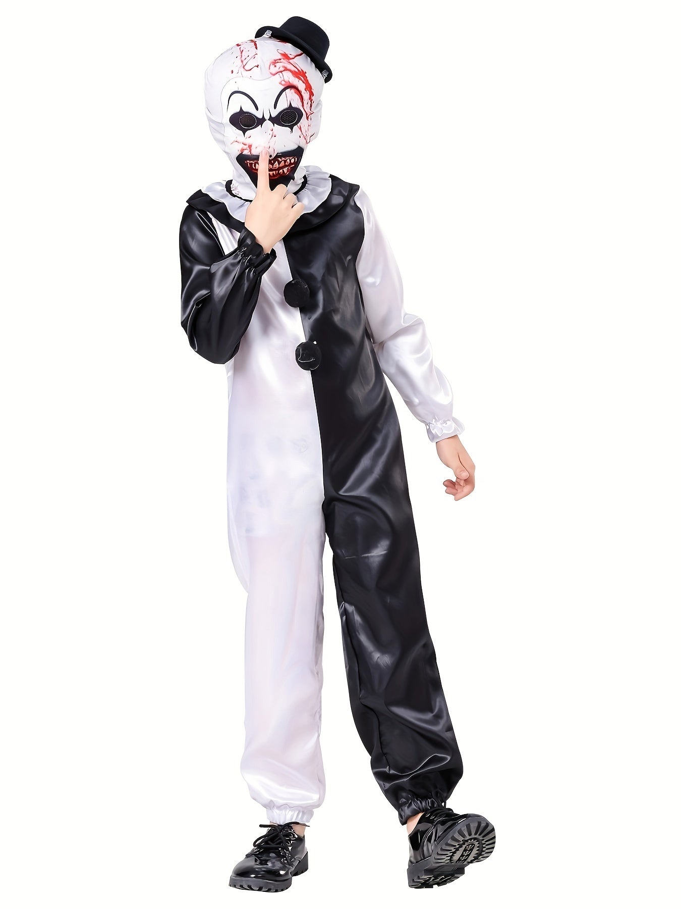 Horror Themed Party Outfit For Boys - Black And White Clown Jumpsuit And Matching Mask - Scary Clown Dress Up Clothes Set, Perfect For Halloween Holiday Carnival Party