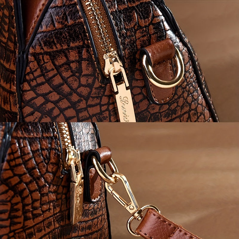 2-Piece Set PU Leather Handbag & Clutch Zipper Purse, Crocodile Embossed, Fashion Commuter Bags