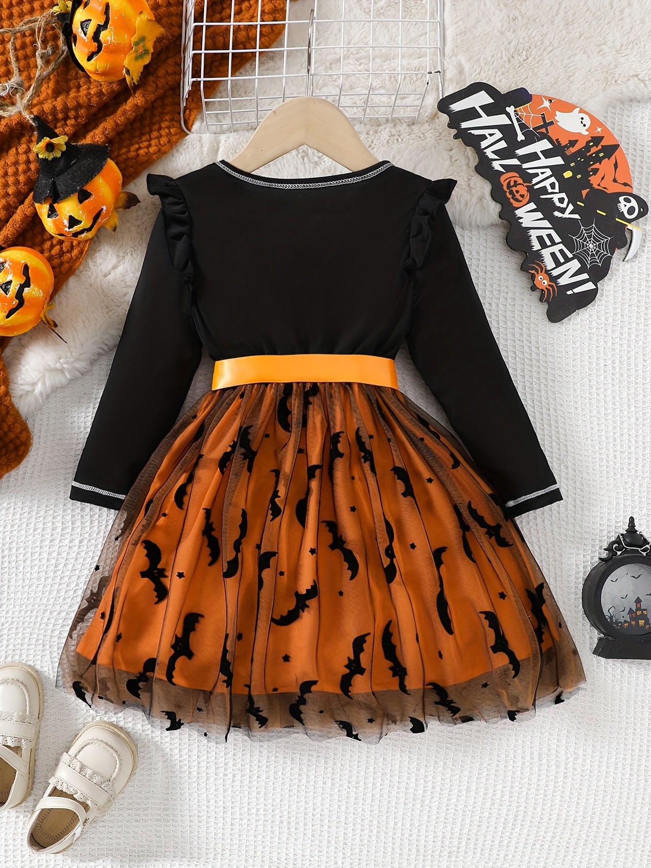 Halloween-themed Girls Mesh Splicing Princess Dress With Ruffled Trim, Perfect For Holiday Parties, With Satin Ribbon Belt