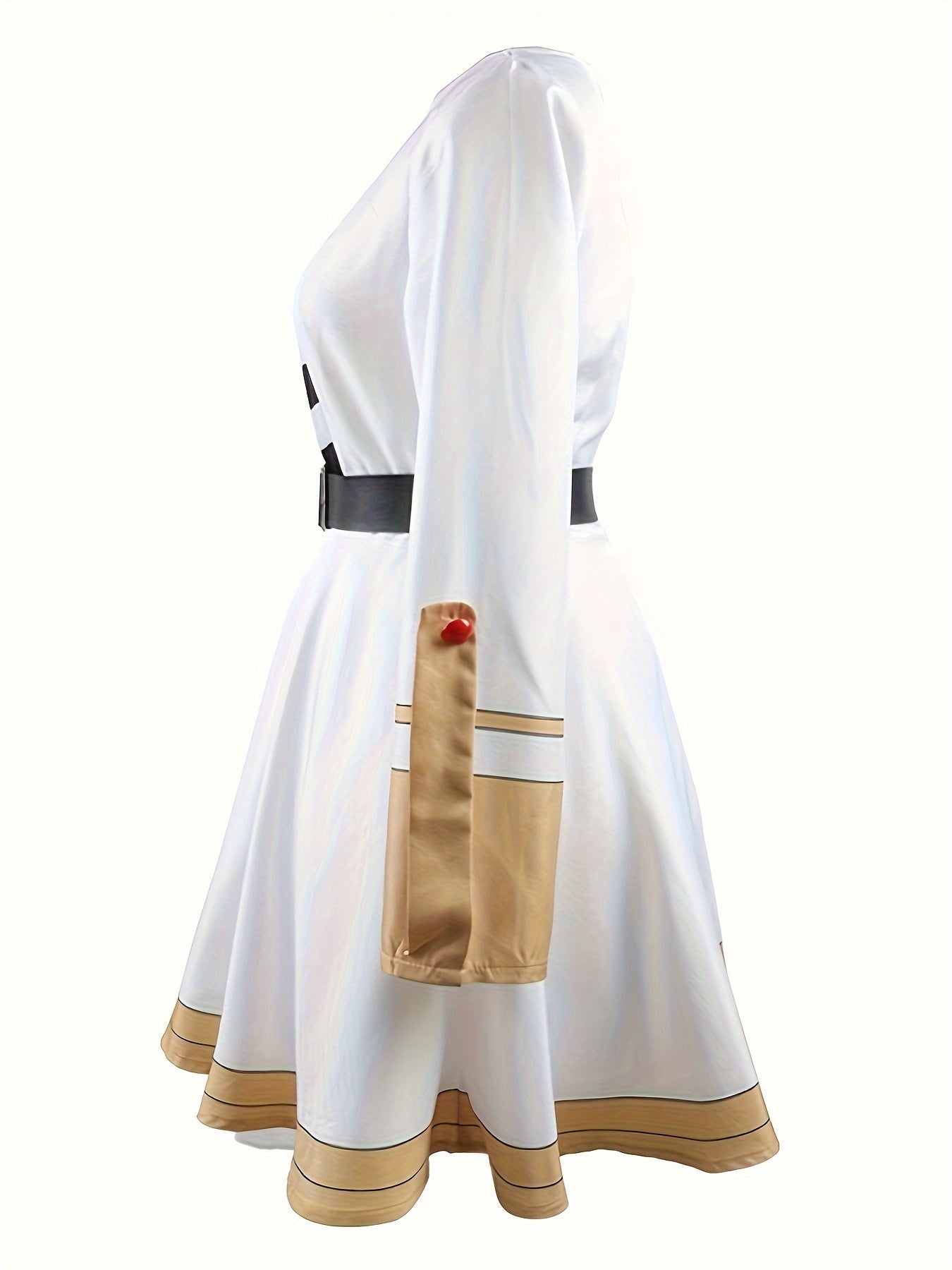 Epaulettes Contrast Trim Belted Cosplay Set, Crop Open Front Cape & Striped Button Cuff Long Sleeve Pleated Dress, Women's Clothing