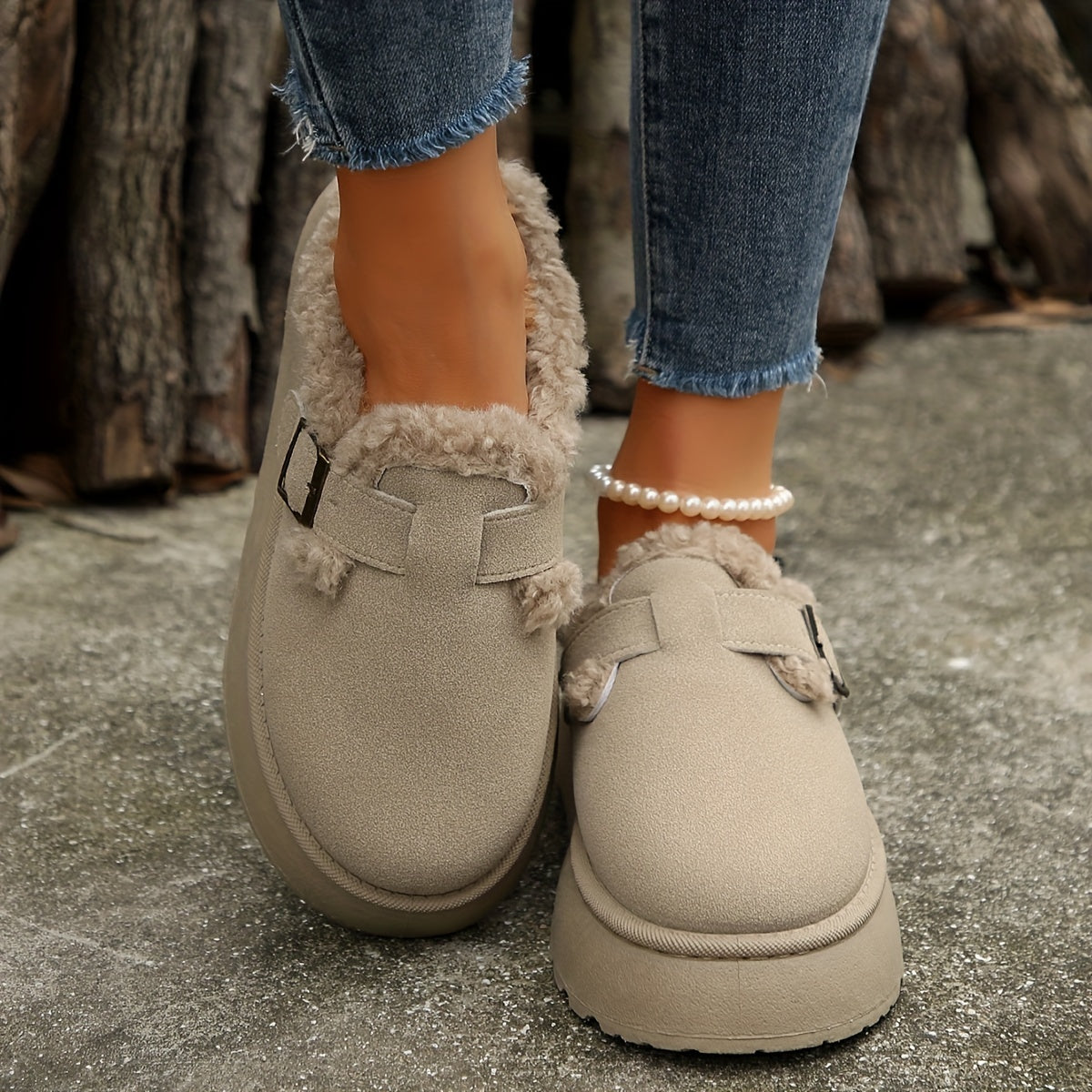 Cozy Plush Lined Ankle Boots - Soft Solid Color Design, Comfortable Buckle Strap, Warm Winter Shoes for Women - Perfect for Cold Weather, Casual Daily Wear