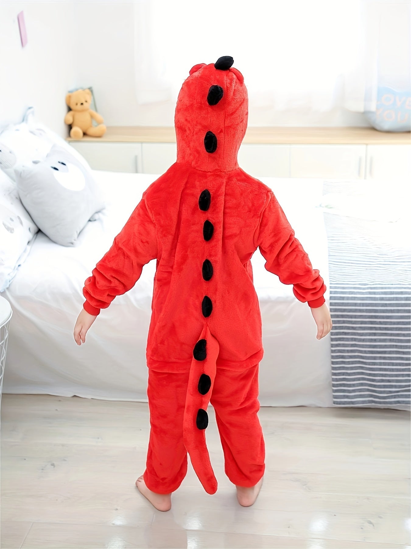 1pc Boys Cozy Dinosaur Hooded Jumpsuit For Halloween Parties.