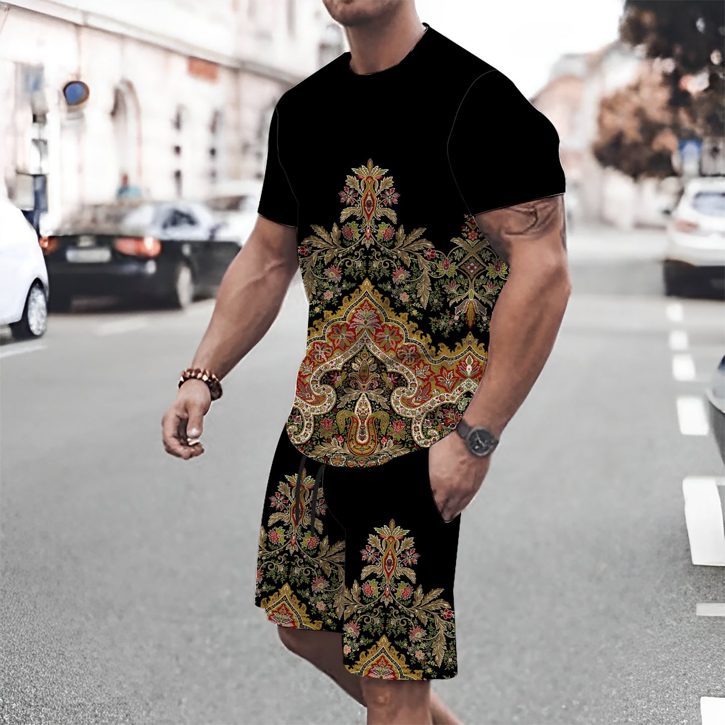 2pcs Men's Bohemian Ethnic Patterns Print Short Sleeve T-shirt + Shorts Co-ord Set, Casual Outdoor Summer Set As Gift