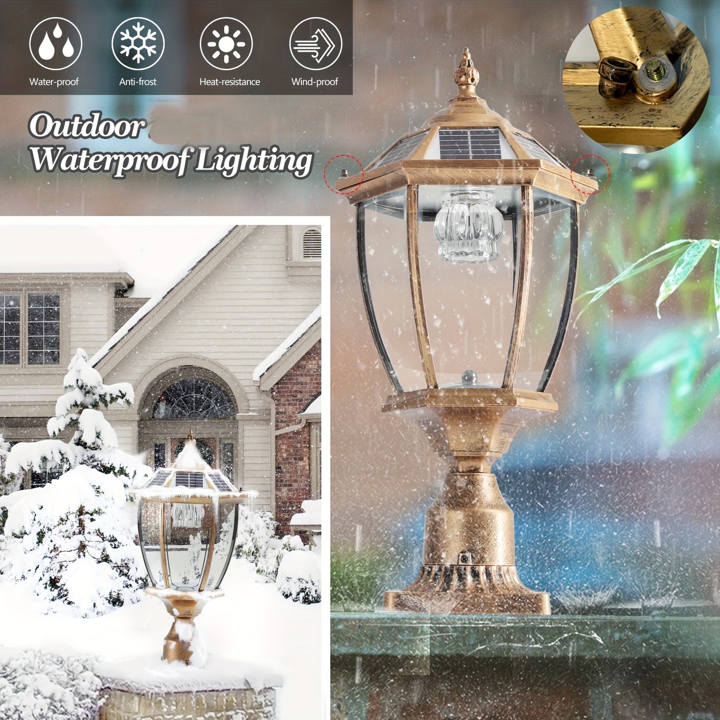 2Pcs Golden Outdoor waterproof and rust solar lights, entrance, hotel, courtyard, garage, garden gate landscapegate porch solar lights, with remote control, hotel restaurant garden outdoor waterproof lighting, summer and wint