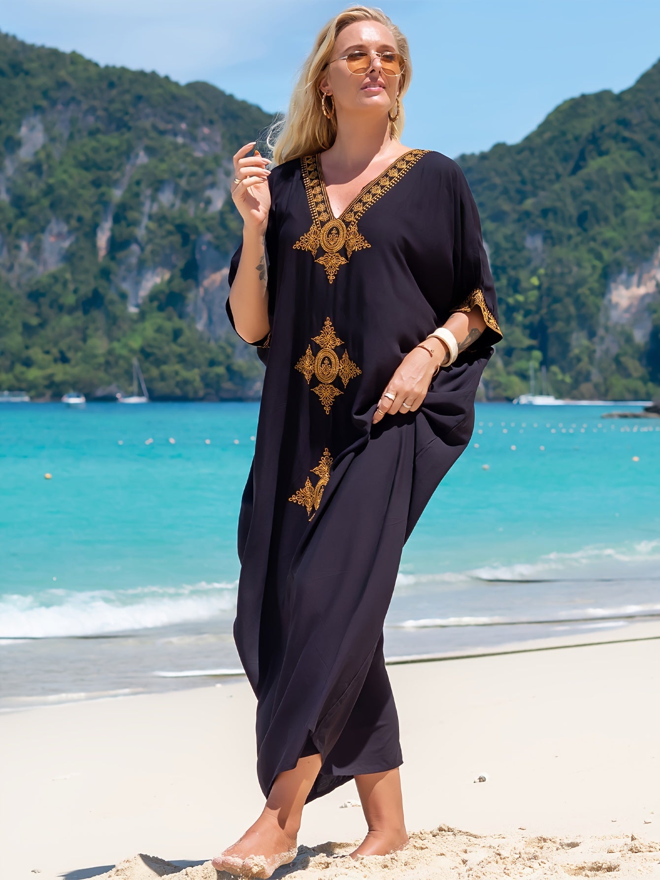 Graphic Embroidered V Neck Loose Kaftan Dress, Elegant Batwing Sleeve Maxi Coverup Dress,Bohemia