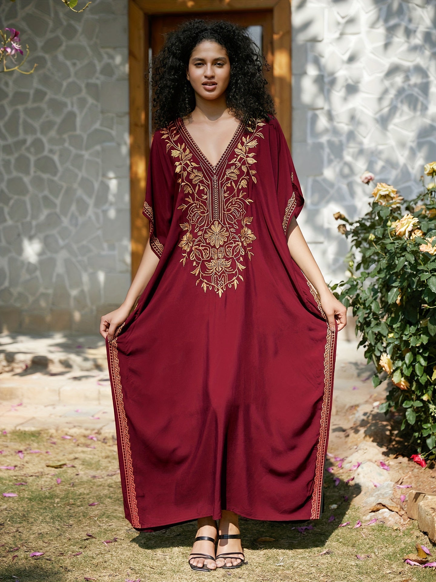 Bohemian Embroidery Caftan Dress House Dress Split Thigh Beachwear Vacation Dress Cover Up