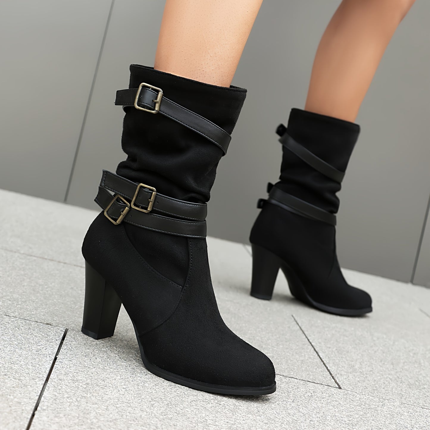 Women's Trendy Block Heeled Boots, Fashion Buckle Strap Design Mid Calf Boots, Women's Comfortable Boots