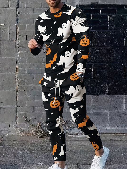 Men's Casual 2-Piece Outfit, Halloween Pumpkin Ghost Bat Print, Lightweight Comfy T-shirt & Drawstring Pants