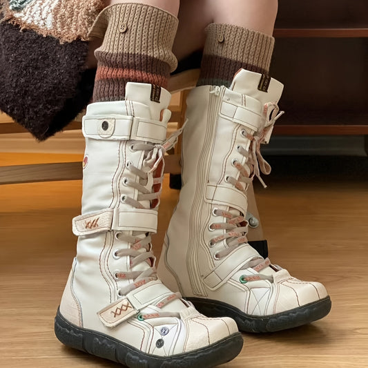 Vintage Chic Mid-Calf Boots - Adjustable Side Zipper, Soft Sole, Buckle Detail, Comfortable Platform, Stylish Y2K Design, Perfect for Casual Outings - Women's Fashion Boots