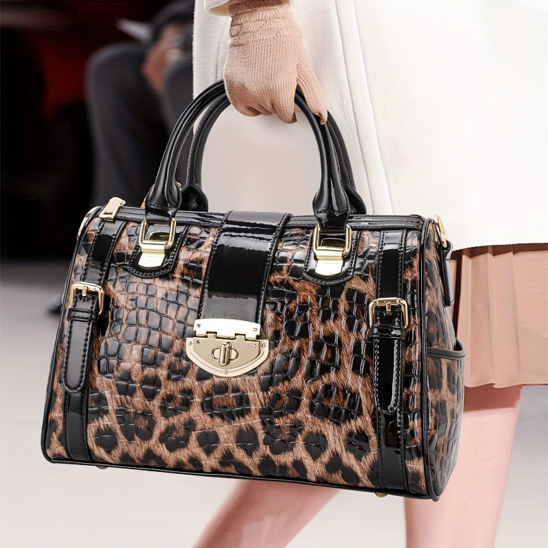 Leopard Print Handbag For Women, Crocodile Pattern Boston Bag, Luxury Genuine Leather Satchel Purse