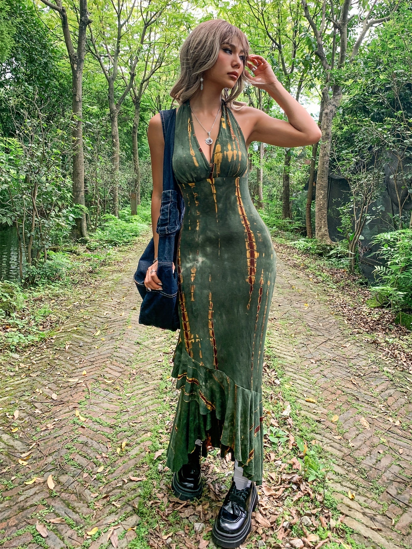 Boho Grunge Tie-dye Halter Neck Backpack Hip Irregular Hem Long Dress