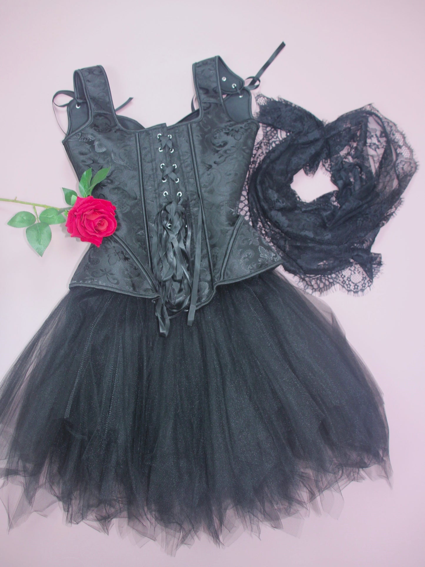 Gothic Vampire Halloween Costume Set, Black Lace Veil Mantilla, Embroidered Corset & Mesh Skirt 3-Piece Set, Black Bridal Cosplay Outfit, Cute Style For Fall & Winter